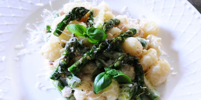 Gnocchi with Asparagus, Edamame, and Parmesan ready to serve.