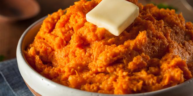 A bowl of mashed sweet potatoes