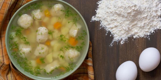 A bowl of chicken soup with home-made dumplings