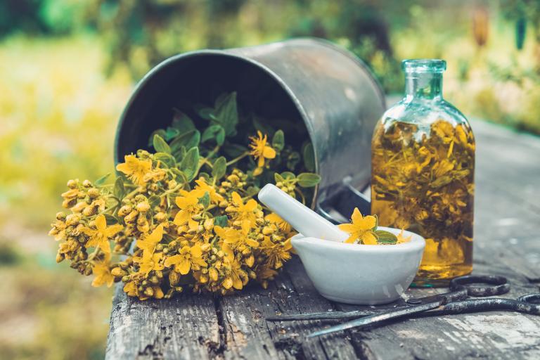 St. John's Wort in a bucket next to a bottle of tincture and a mortar and pestle..